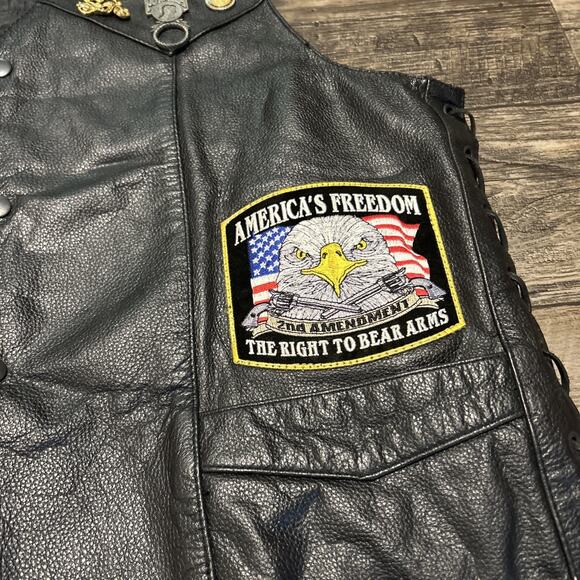 Leather braided Vest Black Patches Pins Leather Legion Veteran Navy biker men’s - Picture 2 of 11